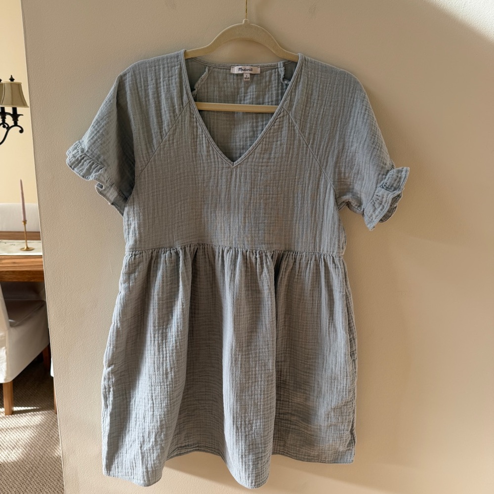 Madewell Cotton Ruffle Sleeve Easy Textured Mini Dress with Pockets Small